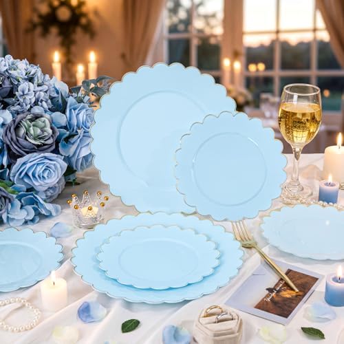 LIYH 120 Pcs Heavy Duty Baby Blue Scalloped Plastic Plates with Gold Rim - Image 7