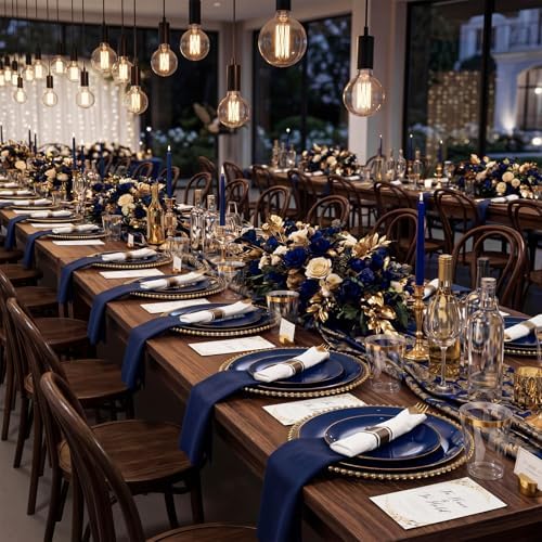KIRE 350Pcs Blue and Gold Plates -Heavy Duty Navy Blue Dinnerware Set - 100 Plastic Plates 50 Pre Rolled Napkins with Gold Plastic Silverware 50 Cups for Party/Wedding/Birthday - Image 6