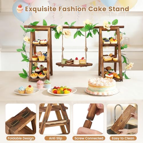 3 Tier Wooden Cupcake Stand with Swing & Flower Decor for Cake Fruit Snack - Image 3