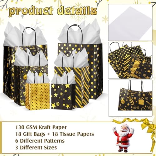 Humyoun 18 Pack Christmas Paper Gift Bags Bulk Assorted Sizes, Black, Gold - Image 3