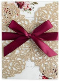 ponatia 25PCS Hollow Rose Laser Cut Wedding Invitations Cards with Envelopes, Printable Paper with Burgundy Ribbons For Wedding Bridal Shower Engagement Sweet 16 Birthday Invite (Gold Glitter) by ponatia