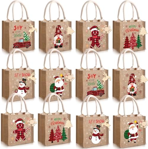 Sweetude 12 Pack Christmas Linen Burlap Bags with Tags,Plaid by Sweetude
