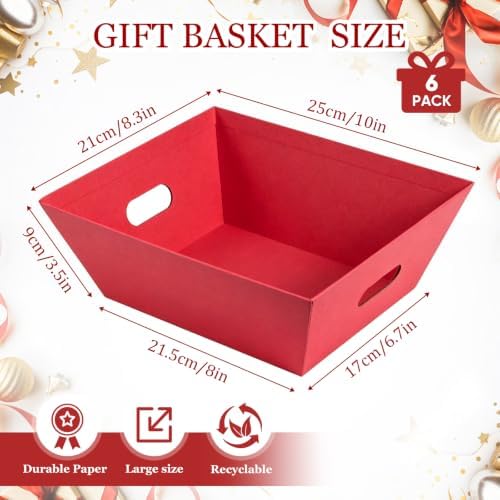 AFOROEOA 6 Pack Red Gift Baskets Empty, 10x8 Thick Paper Basket with 6 Clear Bags and 6 Pull Bows, Red Empty Gift Baskets for Christmas Valentine Wedding Birthday Holiday Party Wrapping - Image 2