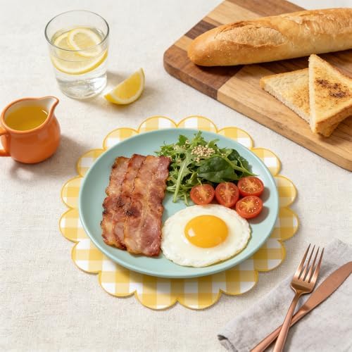 100Pcs Checkered Paper Placemats Yellow Gingham Place Mats 13.5 Inch Disposable Round Decorative Dining Table Mat with Scalloped Edge Paper Cutouts Decor for Wedding Baby Shower Table Party Supplies - Image 4