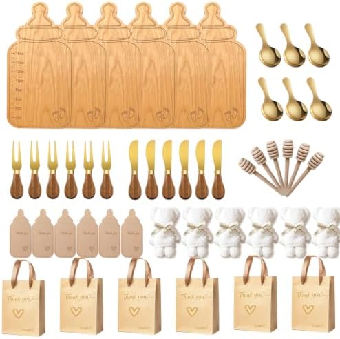 Baby Bottle Shaped Acacia Wood Cheese Board Gift Set - Premium Baby Shower Prizes for Game Winners, Gender Reveal & Bridal Shower Party Favors for Guests Acacia Wood 6 Sets by Unknown