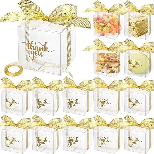 Thyle 200 Pcs Clear Favor Boxes 2x2x2 Inch Plastic Thank You Boxes with Lid Ribbon for Treats Candy Macaron Dessert Cupcake Gifts Wrap Party Favors Supplies(2 x 2 x 2 Inch) by Thyle