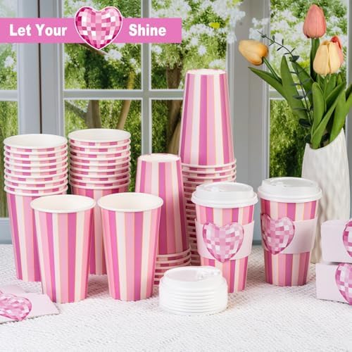 50 Pack Pink Disco Heart Disposable Coffee Cups with Lids & Sleeves, 16oz Premium To Go Paper Cups for Birthday, Baby Shower, Bachelorette & Wedding Party Supplies - Image 4