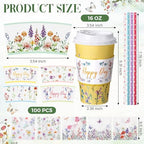 Nuogo 400pcs/100set 16 oz Floral Disposable Coffee Cups with Lids Sleeves Straws Napkins, Spring/Summer Party Tea Wedding Baby Shower Bulk Paper Cups for Hot Cold Drinks - Image 2