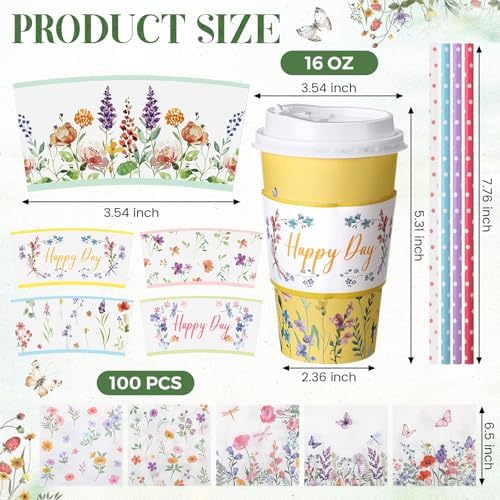 Nuogo 400pcs/100set 16 oz Floral Disposable Coffee Cups with Lids Sleeves Straws Napkins, Spring/Summer Party Tea Wedding Baby Shower Bulk Paper Cups for Hot Cold Drinks - Image 2