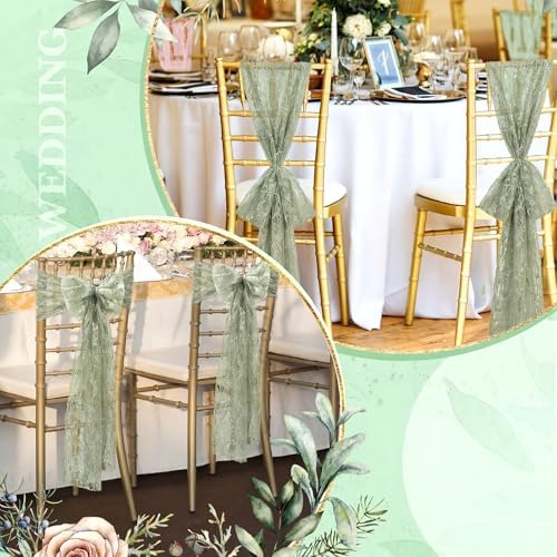 VitalCozy 50 Pack Sage Green Lace Chair Sashes with Bows Wedding Decor - Image 5