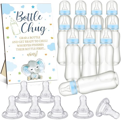TrelaCo Blue Elephant Cool Baby Shower Games Bottle Chug Sign Wooden Elephant Theme Gift Sets Gender Reveal Party Favors and 12 Pcs Baby Bottle Shower Favor for Games Gender Reveal by TrelaCo