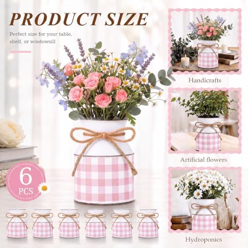 Domensi 6 Pcs Farmhouse Metal Flower Vase, Pink Gingham Table Centerpiece - Image 2