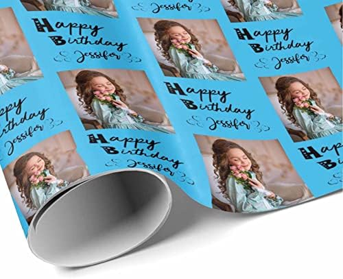 MyPupSocks Personalized Photo Wrapping Paper, Happy Birthday with Name Photo Blue Custom Funny Wrapping Paper Roll for Boys Girls Baby Shower Wedding Anniversary Birthday Gift 58x23 Inch 3 Rolls - Image 3