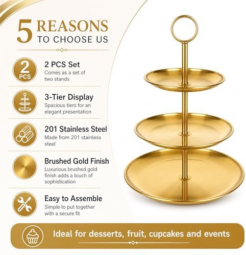 ABuff 3 Tiered Gold Cupcake Stand 2 Pack Stainless Steel Gold Tiered Dessert Stand Cupcake Display Tower 3 Tier Serving Tray Cake Stand for Baby Shower Birthday Party Wedding - Image 4