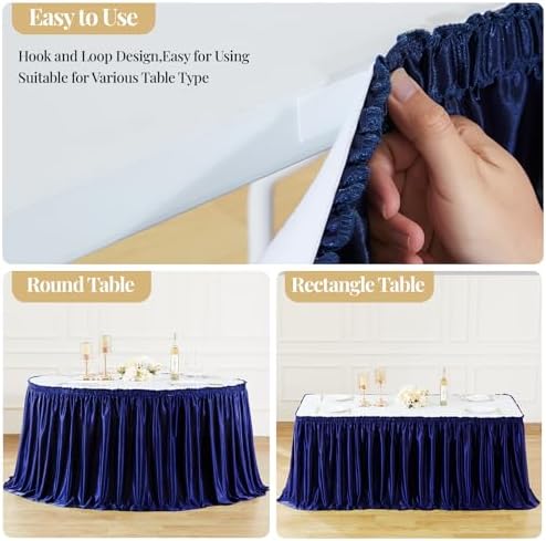 Wish Care 17ft Navy Blue Satin Long Table Skirt for Rectangle Tables Wrinkle Free Teacher Desk Skirt Glitter Ruffle Table Skirting Cloth for Back to School Classroom Office Birthday Party Table Decor - Image 5