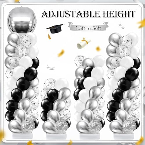 2 Sets Black Silver White Balloon Column Stand Kit, Adjustable Floor Tower with Foil & Latex Balloons for Birthday Wedding Anniversary Retirement Disco Bachelorette Party Backdrop - Image 4