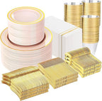 GATHER 700PCS Pink Plastic Plates 100 Guest with Gold Rim for Wedding Party by Gather