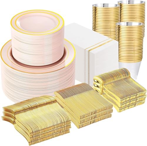 GATHER 700PCS Pink Plastic Plates 100 Guest with Gold Rim for Wedding Party by Gather