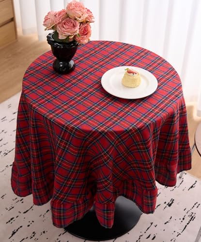 vctops Christmas Red Plaid Ruffle Table Cloth, Farmhouse Cotton Linen Tablecloth, Washable Table Cover for Round Table Baby Shower Kitchen Party Wedding Decor (Red B,70") - Image 3