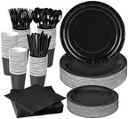350 Pcs Black Disposable Plates and Napkins Tableware Set for 50 Guests by COSINIA