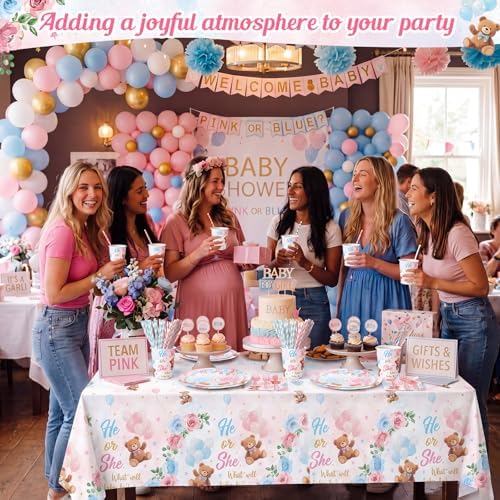 LemonRoad 452 Pcs Bear Gender Reveal Party Decoration for 50, He or She Gender Reveal Paper Plates Napkins Cups Tablecloth Cutlery Straws Pink Blue Disposable Tableware for What Will Baby Be Supplies - Image 5