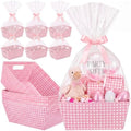 FoldTier 10 Pack Pink White Gingham Baskets for Gifts Empty 10" x 12" Thick Kraft Gift Basket with 10 Bows 10 Bags Empty Paper Baskets for Baby & Bridal Shower Wedding Birthday Party Wrapping by FoldTier