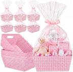 FoldTier 10 Pack Pink White Gingham Baskets for Gifts Empty 10" x 12" Thick Kraft Gift Basket with 10 Bows 10 Bags Empty Paper Baskets for Baby & Bridal Shower Wedding Birthday Party Wrapping by FoldTier