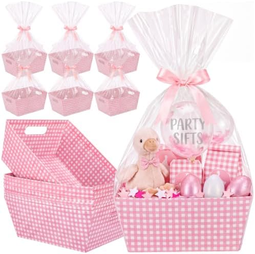 FoldTier 10 Pack Pink White Gingham Baskets for Gifts Empty 10" x 12" Thick Kraft Gift Basket with 10 Bows 10 Bags Empty Paper Baskets for Baby & Bridal Shower Wedding Birthday Party Wrapping by FoldTier