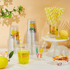 FoldTier 60 Set Lemon Party Cups, 14 oz with Lids and Straws - Image 4