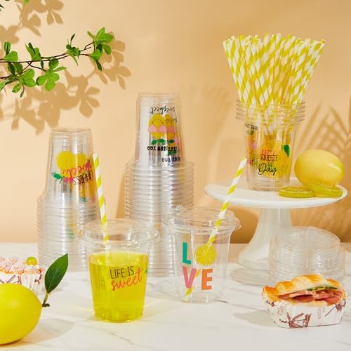 FoldTier 60 Set Lemon Party Cups, 14 oz with Lids and Straws - Image 4