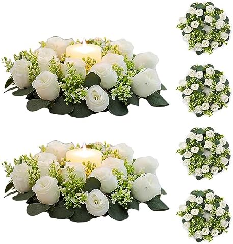 NUPTIO Flower Candle Rings for Centerpieces: 13.4 Inch Artificial Rose Wreath for Wedding Party Christmas Decorations - White Wreaths for Spring Summer Front Door Porch Table Decor 6 Pcs by Nuptio