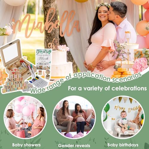 104Pcs Baby Shower Block Game Set, Funny Baby Shower Game Sign Kit with 12 Marker 48 Wood Cube 42 Stencils Wood Sign for Party - Image 3