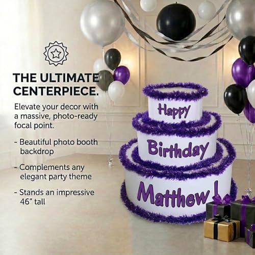 Anderson's White & Purple Personalized Pop-Out Birthday Cake, Life-Size Faux Cake with Fun Font, Custom Name, Surprise Reveal Prop for Milestone Parties, Photo Ops, Store or Business Events - Image 4