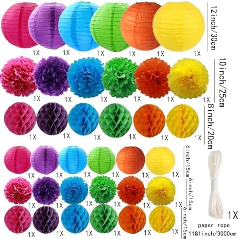 WOLHOWLTD Colorful Paper Decoration Set - 36 Pcs Paper Lanterns, Pompoms, Honeycomb Decorations for Wedding Rainbow Birthday Party Mexican Fiesta Classroom, Wedding, Home Decoration (6 Mixed Colors) - Image 2