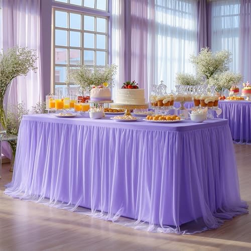 Wish Care 4 Pack Lavender Tulle Tablecloth for 6 Foot Rectangle Tables Stretch Fitted Rectangular Table Cloths Purple Wrinkle Free Ruffle Table Cover Tutu Skirt for Wedding Birthday Party Baby Shower - Image 5