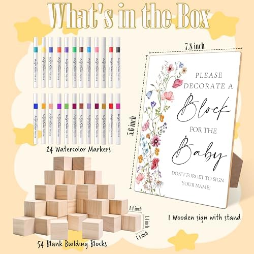 Boho Floral Baby Shower Games, Boho Floral Baby Shower Decorations, Bohemian Flowers Decorate a Block Game Set, Gender Reveal Games, Includes 54 Blank Building Blocks, 24 Pens, 1 Sign - Image 2