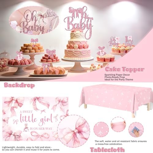Costova Pink Bow Baby Shower Decorations Kit – 144 Pcs Complete Coquette Baby Shower Party Supplies for Girl Pink Bow Themed Party Décor - Image 6