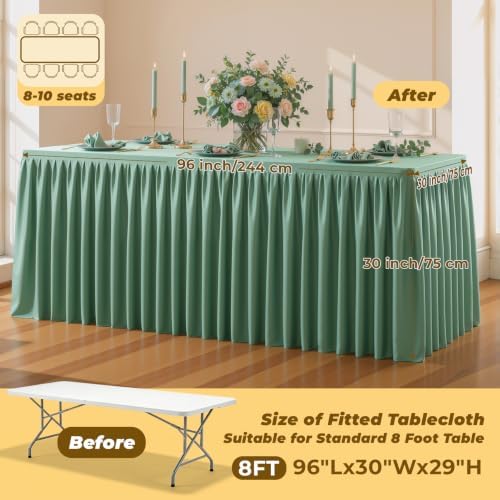 Sage Green Polyester Table Cloths for Rectangle 8 Foot Tables, 2 Pack Wrinkle Free Tablecloths Stretchy Banquet Ruffle Fitted Table Cover Desk Skirt for Parties Wedding Birthday Baby Shower - Image 5
