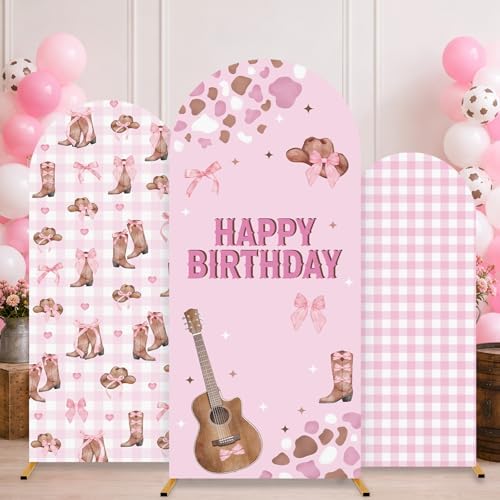 3pcs Pink Cowgirl Birthday Party Decorations Western Cow Theme Birthday Arch Backdrop Cover with Bow Guitar Shoes Pattern for Girl Barn Farm Party Baby Shower Photo Backgrounds 4ft, 5ft, 6ft by chiazllta
