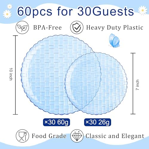 Festiva 60PCS Clear Blue Plastic Plates - Heavy Duty Weave Pattern Fancy Disposable Plates -serve for 30 guests Include 30PCS 10" & 30PCS 7" Plates for Birthday & Easter Party(Blue) - Image 2