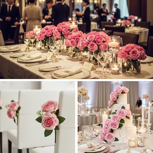 Auihiay 60PCS Pink Roses, Artificial Roses, Fake Roses, Velvet Silk - Image 3