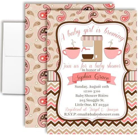 Amanda Creation 20 Custom Baby Shower Invitations with Envelopes – Personalized A Baby is Brewing Coffee Bean Themed Invite Set for Baby Girl, 5x7 Custom Cards, Made in USA by AmandaCreation