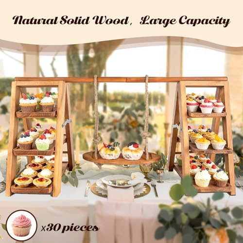 Wisreach Wooden 3 Tier Cupcake Stand, Rustic Cupcake Display Stand for Dessert Table, Foldable Serving Tray Tower for Party, Wedding, Birthday, Baby Shower, Holiday Events - Image 3