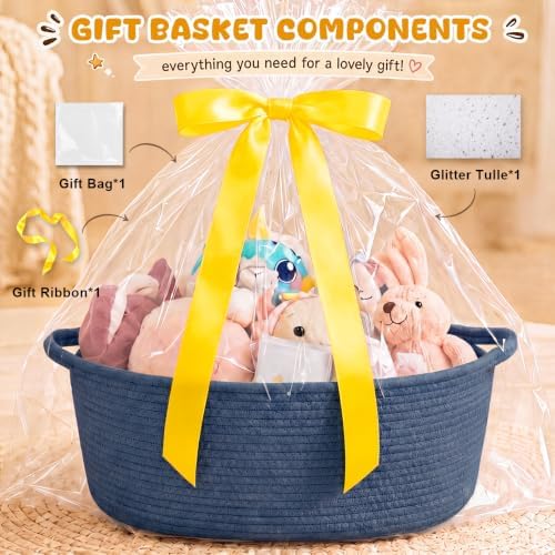 OIAHOMY Large Gift Basket Empty 17" x 12.6" x 7", Storage Basket with Gift Bag, Ribbon and Glitter Tulle for DIY Anytime, Toy Storage for Kids, Dogs with Handles in A Stylish Design - Navy Blue - Image 3