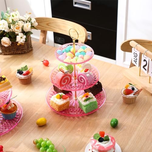 Patelai 8 Pcs 3 Tier Acrylic Cake Stand, Clear Pink, Golden - Image 4
