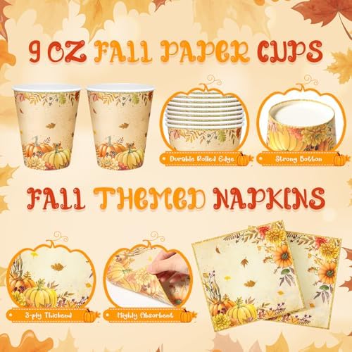Honeydak 210 Pcs Fall Party Supplies for 30 Guests, Includes Plates, Cups, Napkins, Cutlery - Autumn Pumpkin Maple Tableware Decoration for Thanksgiving, Fall Harvest Party - Image 5