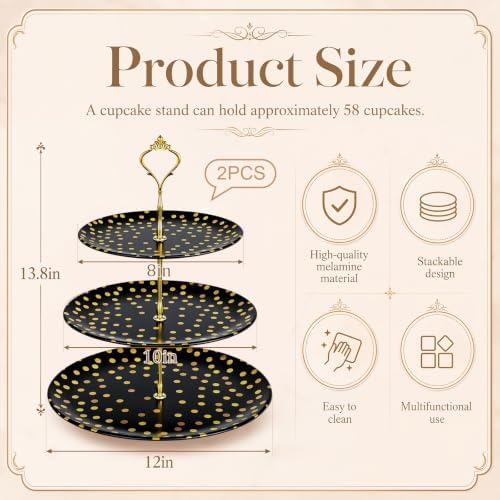 Thenshop 2 Pcs 3-tier Cupcake Stand Melamine 12" 10" 8" Serving Tray, Black - Image 2