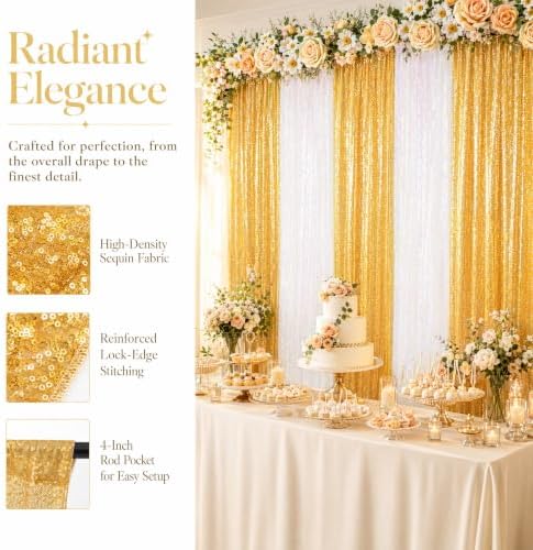 ShinyBeauty Sequin Photo Backdrop Curtains Gold Transparent White 2x8FT - Image 2