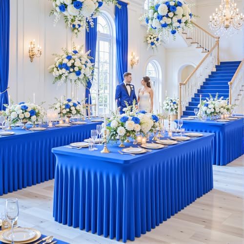 4 Pack Royal Blue Table Cloth for 8 Foot Rectangle Tables Spandex Fitted Tablecloth 8ft Stretch Table Covers Skirt Blue Banquet Tablecloths Wrinkle Free Tablecloth for Party Wedding Birthday Event - Image 2