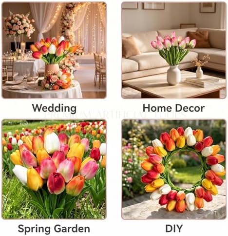 Orange Artificial Tulips for Vase, 48 Faux Tulip Flowers for Fall Centerpiece, Autumn Home Decor, Thanksgiving Table Arrangement & Rustic Farmhouse Decorations - Image 5